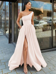 Evening Dress Green, A-Line/Princess One-Shoulder Floor-Length Satin Prom Dresses With Leg Slit