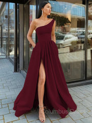 Evening Dress With Sleeve, A-Line/Princess One-Shoulder Floor-Length Satin Prom Dresses With Leg Slit