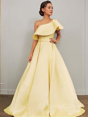 Prom Dress Ideas 2047, A-Line/Princess One-Shoulder Floor-Length Satin Prom Dresses With Ruffles
