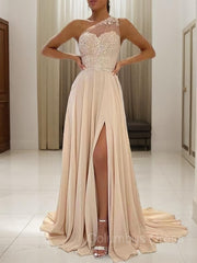 Bridesmaid Dresses Peach, A-Line/Princess One-Shoulder Sweep Train Chiffon Prom Dresses With Leg Slit