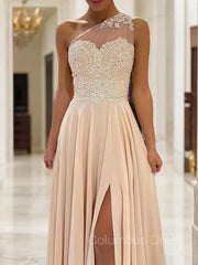Bridesmaids Dresses Blush Pink, A-Line/Princess One-Shoulder Sweep Train Chiffon Prom Dresses With Leg Slit
