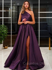 Homecoming Dress Blue, A-Line/Princess One-Shoulder Sweep Train Satin Prom Dresses With Leg Slit