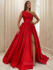 Homecomeing Dresses Red, A-Line/Princess One-Shoulder Sweep Train Satin Prom Dresses With Leg Slit