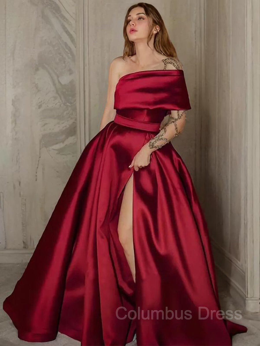 Formal Dressing For Ladies, A-Line/Princess One-Shoulder Sweep Train Satin Prom Dresses With Leg Slit