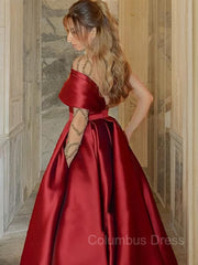 Formal Dress Prom, A-Line/Princess One-Shoulder Sweep Train Satin Prom Dresses With Leg Slit