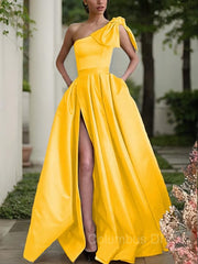 Wedding Guest Outfit, A-Line/Princess One-Shoulder Sweep Train Satin Prom Dresses With Leg Slit