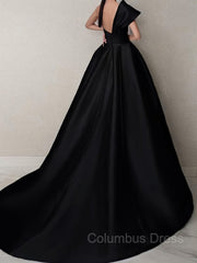 Party Dress Design, A-Line/Princess One-Shoulder Sweep Train Satin Prom Dresses With Ruffles