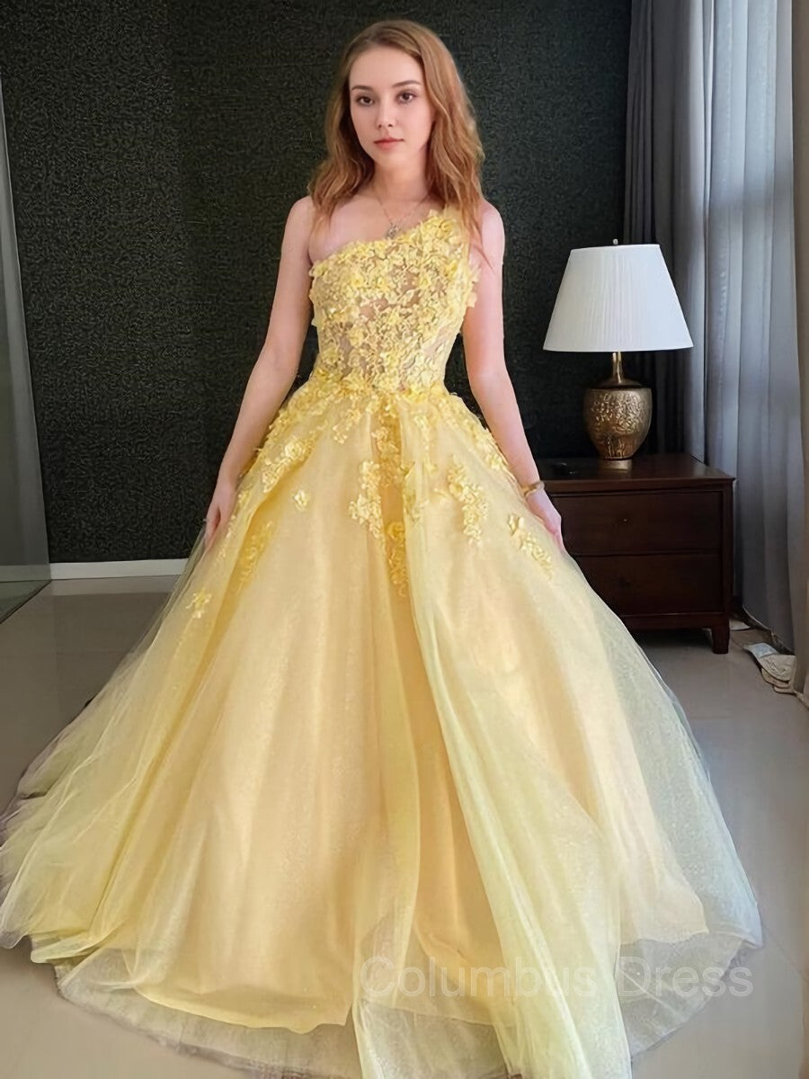 Midi Dress, A-Line/Princess One-Shoulder Sweep Train Tulle Prom Dresses With Appliques Lace