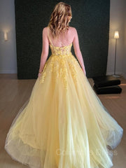 Unique Wedding Dress, A-Line/Princess One-Shoulder Sweep Train Tulle Prom Dresses With Appliques Lace