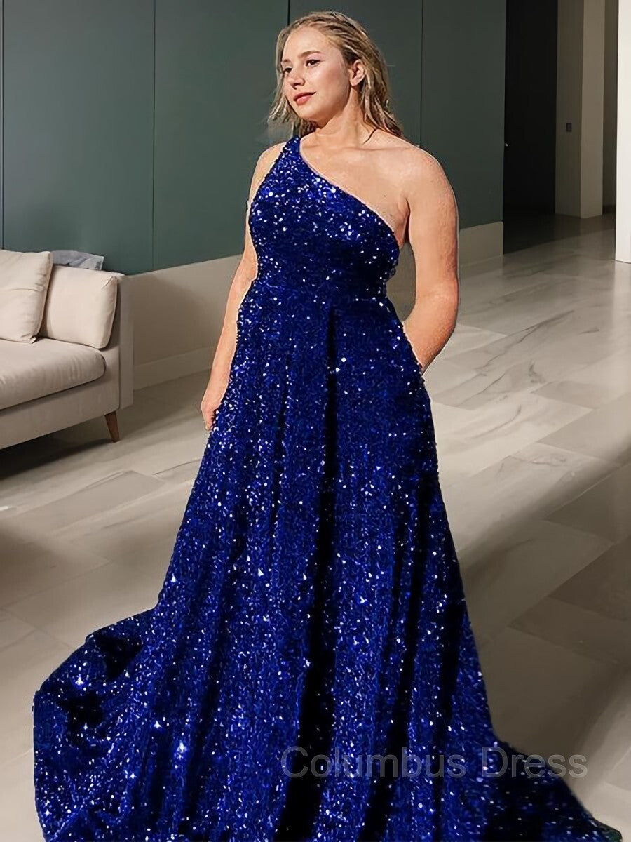 Country Wedding, A-Line/Princess One-Shoulder Sweep Train Velvet Sequins Prom Dresses With Pockets