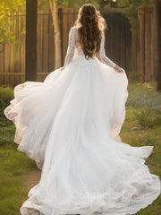 Wedding Dress Elegant Classy, A-Line/Princess Scoop Cathedral Train Tulle Wedding Dresses With Appliques Lace