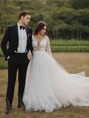 Wedding Dresses Elegant Simple, A-Line/Princess Scoop Cathedral Train Tulle Wedding Dresses With Appliques Lace