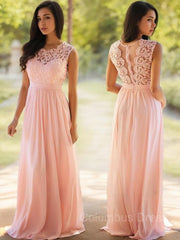 Prom Dress Fitted, A-Line/Princess Scoop Floor-Length Chiffon Prom Dresses With Appliques Lace