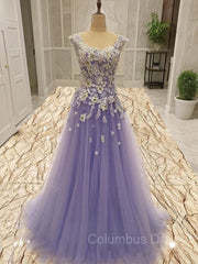 Prom Dresses Modest, A-Line/Princess Scoop Floor-Length Tulle Evening Dresses With Appliques Lace
