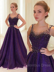 Prom Dress With Sleeves, A-Line/Princess Scoop Floor-Length Tulle Prom Dresses With Beading