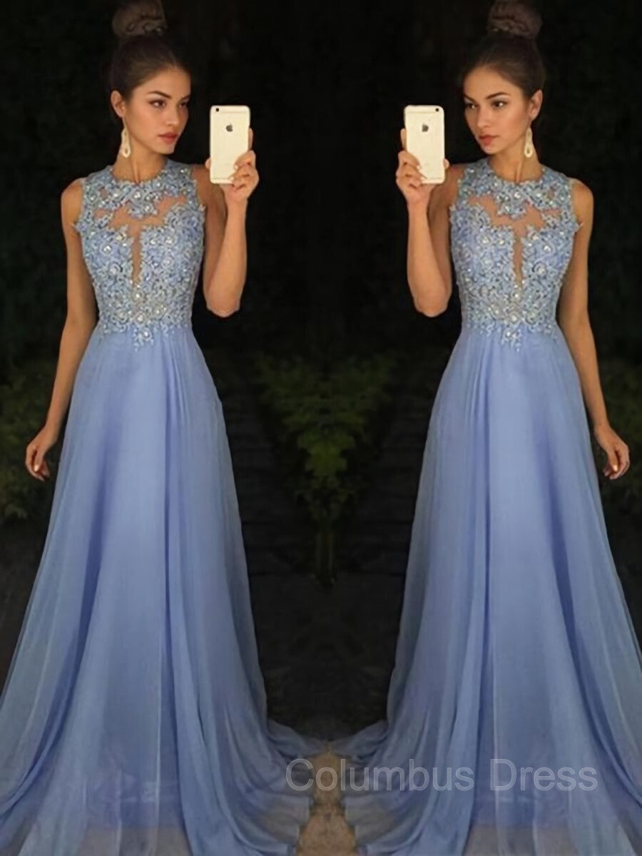 Prom Dresses Shops, A-Line/Princess Scoop Sweep Train Chiffon Prom Dresses With Appliques Lace