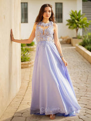 Prom Dresses Inspired, A-Line/Princess Scoop Sweep Train Chiffon Prom Dresses With Appliques Lace