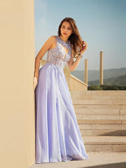 Prom Dresses Inspiration, A-Line/Princess Scoop Sweep Train Chiffon Prom Dresses With Appliques Lace