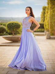 Prom Dress Inspirational, A-Line/Princess Scoop Sweep Train Chiffon Prom Dresses With Appliques Lace