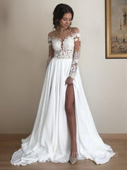 Wedding Dress Fittings, A-Line/Princess Scoop Sweep Train Chiffon Wedding Dresses With Leg Slit