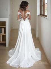 Wedding Dress Fitting, A-Line/Princess Scoop Sweep Train Chiffon Wedding Dresses With Leg Slit