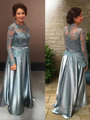 Modest Prom Dress, A-Line/Princess Scoop Sweep Train Elastic Woven Satin Mother of the Bride Dresses With Applique