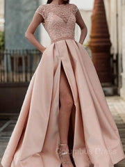 Party Dresses Express, A-Line/Princess Scoop Sweep Train Satin Prom Dresses With Pockets