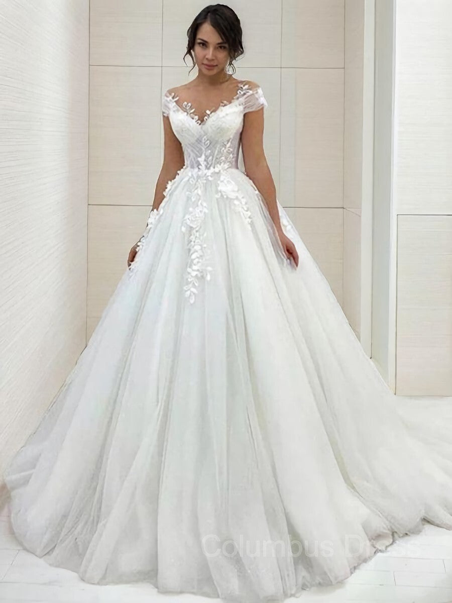 Wedding Dress Gown, A-Line/Princess Scoop Sweep Train Tulle Wedding Dresses