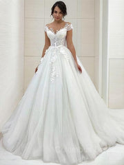 Wedding Dress Gown, A-Line/Princess Scoop Sweep Train Tulle Wedding Dresses