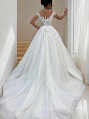 Wedding Dresses Under 307, A-Line/Princess Scoop Sweep Train Tulle Wedding Dresses