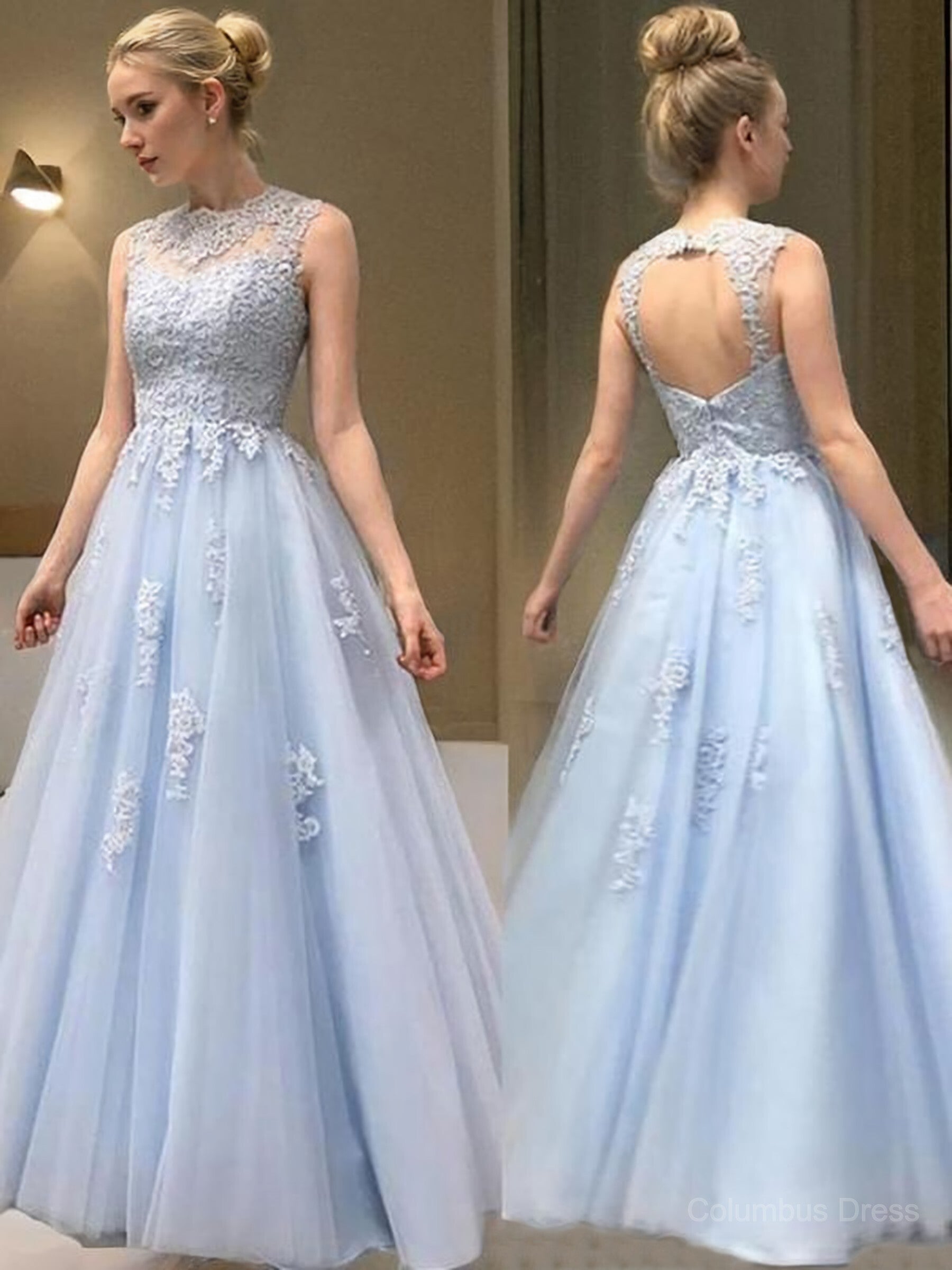 Prom Dresses Outfits Fall Casual, A-Line/Princess Sheer Neck Floor-Length Tulle Evening Dresses With Appliques Lace