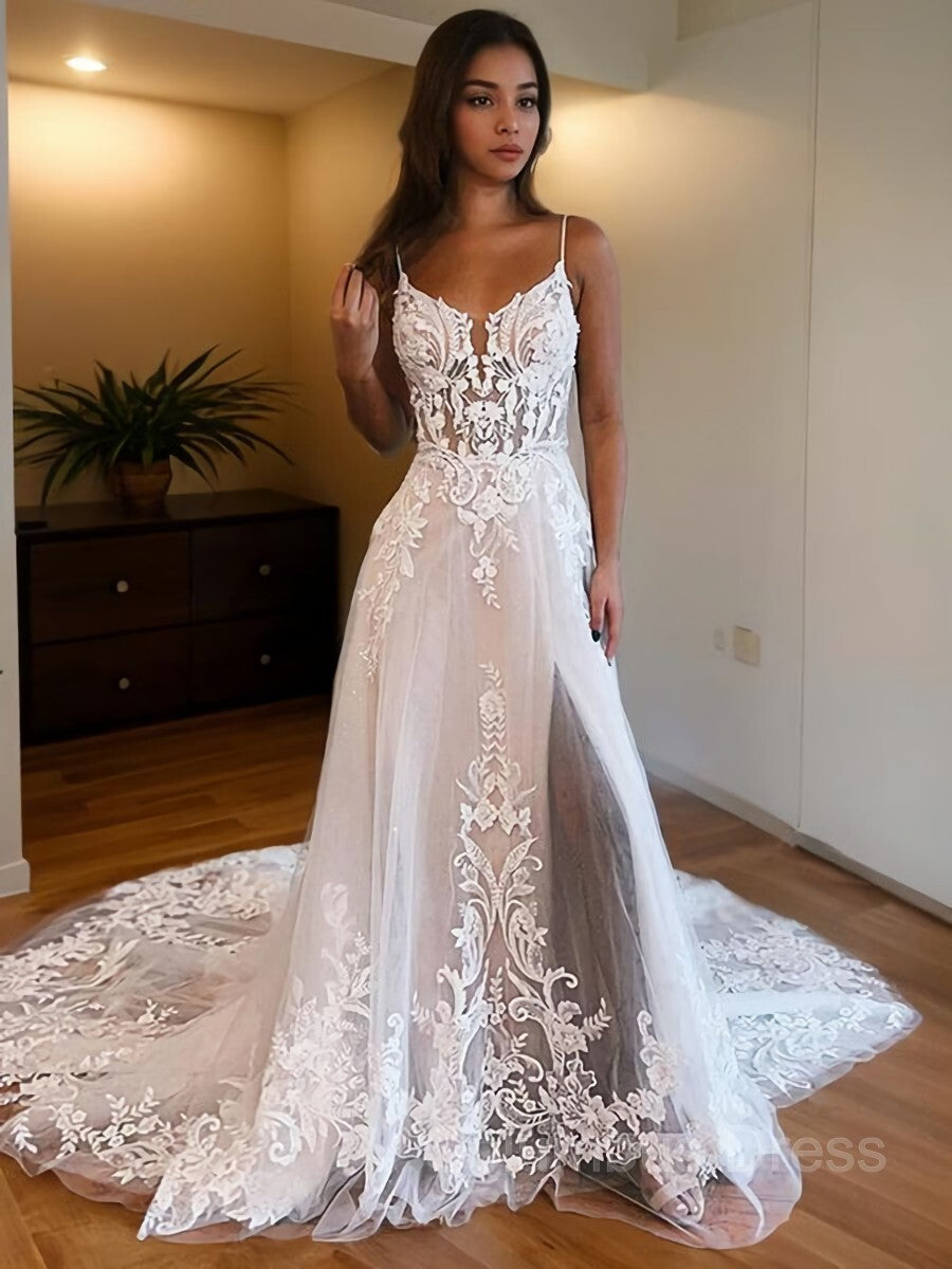 Wedding Dress With Pocket, A-Line/Princess Spaghetti Straps Chapel Train Tulle Wedding Dresses With Leg Slit
