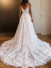 Wedding Dress Ball Gowns, A-Line/Princess Spaghetti Straps Chapel Train Tulle Wedding Dresses With Leg Slit