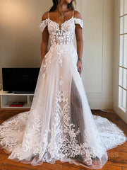 Wedding Dresses Ball Gowns, A-Line/Princess Spaghetti Straps Chapel Train Tulle Wedding Dresses With Leg Slit