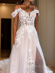 Wedding Dresses 2029 Trend New, A-Line/Princess Spaghetti Straps Chapel Train Tulle Wedding Dresses With Leg Slit