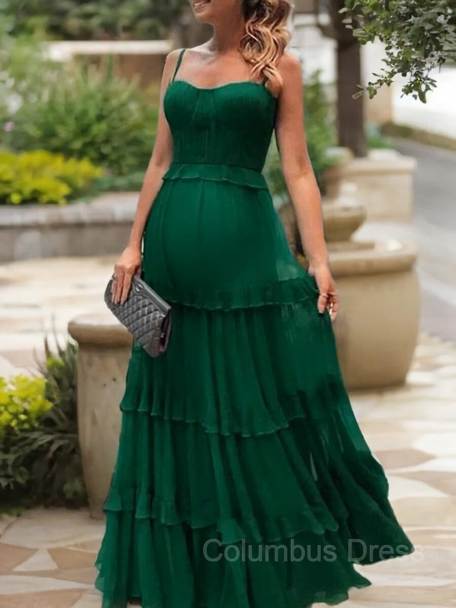 Evening Gown, A-Line/Princess Spaghetti Straps Floor-Length Chiffon Prom Dresses With Ruffles