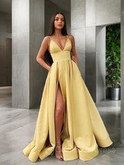 Prom Dress Ideas, A-Line/Princess Spaghetti Straps Floor-Length Satin Prom Dresses With Leg Slit
