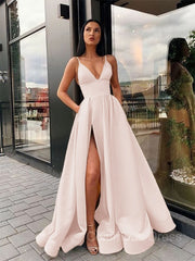 Prom Dresses Under 226, A-Line/Princess Spaghetti Straps Floor-Length Satin Prom Dresses With Leg Slit