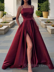 Formal Dress Summer, A-Line/Princess Spaghetti Straps Floor-Length Satin Prom Dresses With Leg Slit