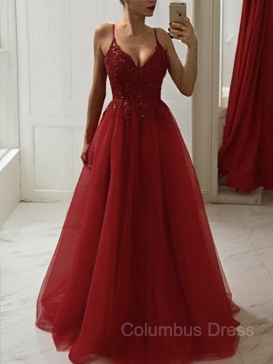 Homecoming Dresses Under 75, A-Line/Princess Spaghetti Straps Floor-Length Tulle Prom Dresses With Appliques Lace