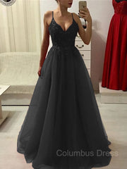 Homecoming Dress Under 75, A-Line/Princess Spaghetti Straps Floor-Length Tulle Prom Dresses With Appliques Lace