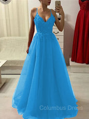 Homecomming Dresses Cute, A-Line/Princess Spaghetti Straps Floor-Length Tulle Prom Dresses With Appliques Lace