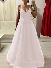 Homecoming Dresses Cute, A-Line/Princess Spaghetti Straps Floor-Length Tulle Prom Dresses With Appliques Lace