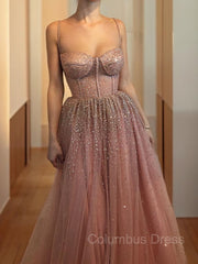 Go Out Outfit, A-Line/Princess Spaghetti Straps Floor-Length Tulle Prom Dresses With Beading