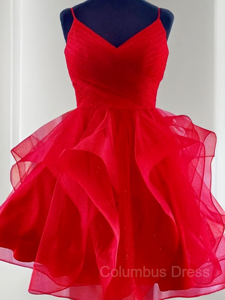 Prom Dress Sleeve, A-Line/Princess Spaghetti Straps Short/Mini Tulle Homecoming Dresses With Ruffles