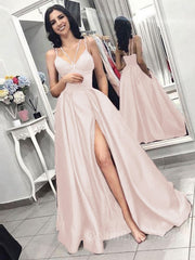 Debutant Dress, A-Line/Princess Spaghetti Straps Sweep Train Satin Evening Dresses With Pockets