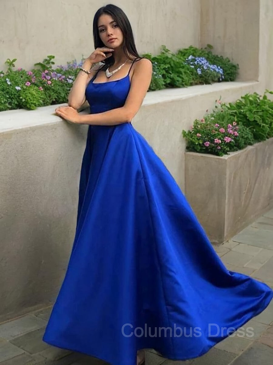 Party Dress Designs, A-Line/Princess Spaghetti Straps Sweep Train Satin Prom Dresses