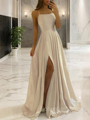 Evening Dresses Formal, A-Line/Princess Spaghetti Straps Sweep Train Silk like Satin Prom Dresses With Leg Slit