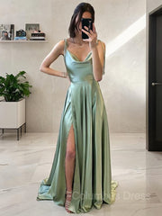 Green Prom Dress, A-Line/Princess Spaghetti Straps Sweep Train Silk like Satin Prom Dresses With Leg Slit