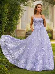 Evening Dress 1944S, A-Line/Princess Spaghetti Straps Sweep Train Tulle Prom Dresses With Appliques Lace